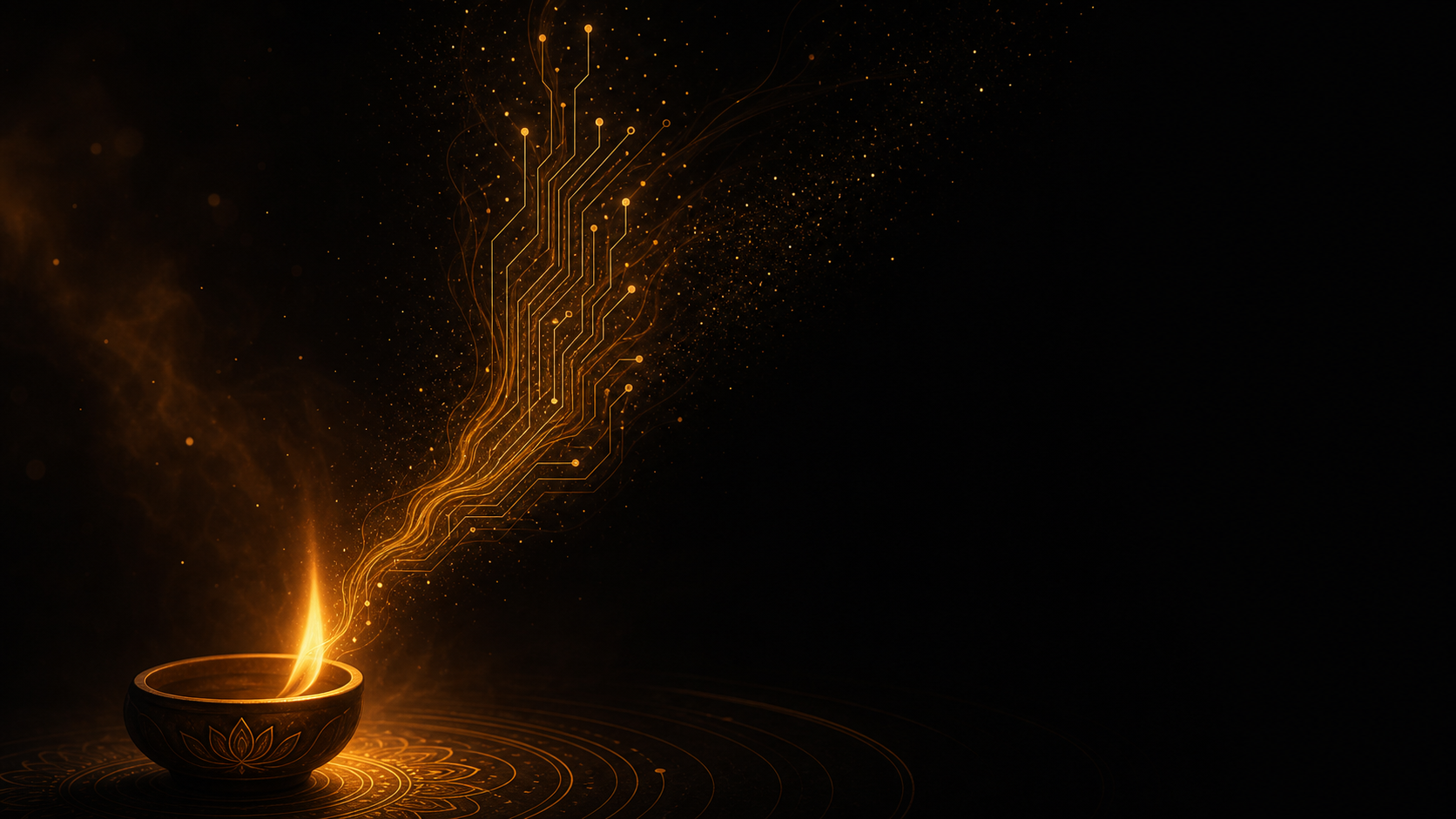A gold diya flame dissolving into circuit traces — craft meets technology