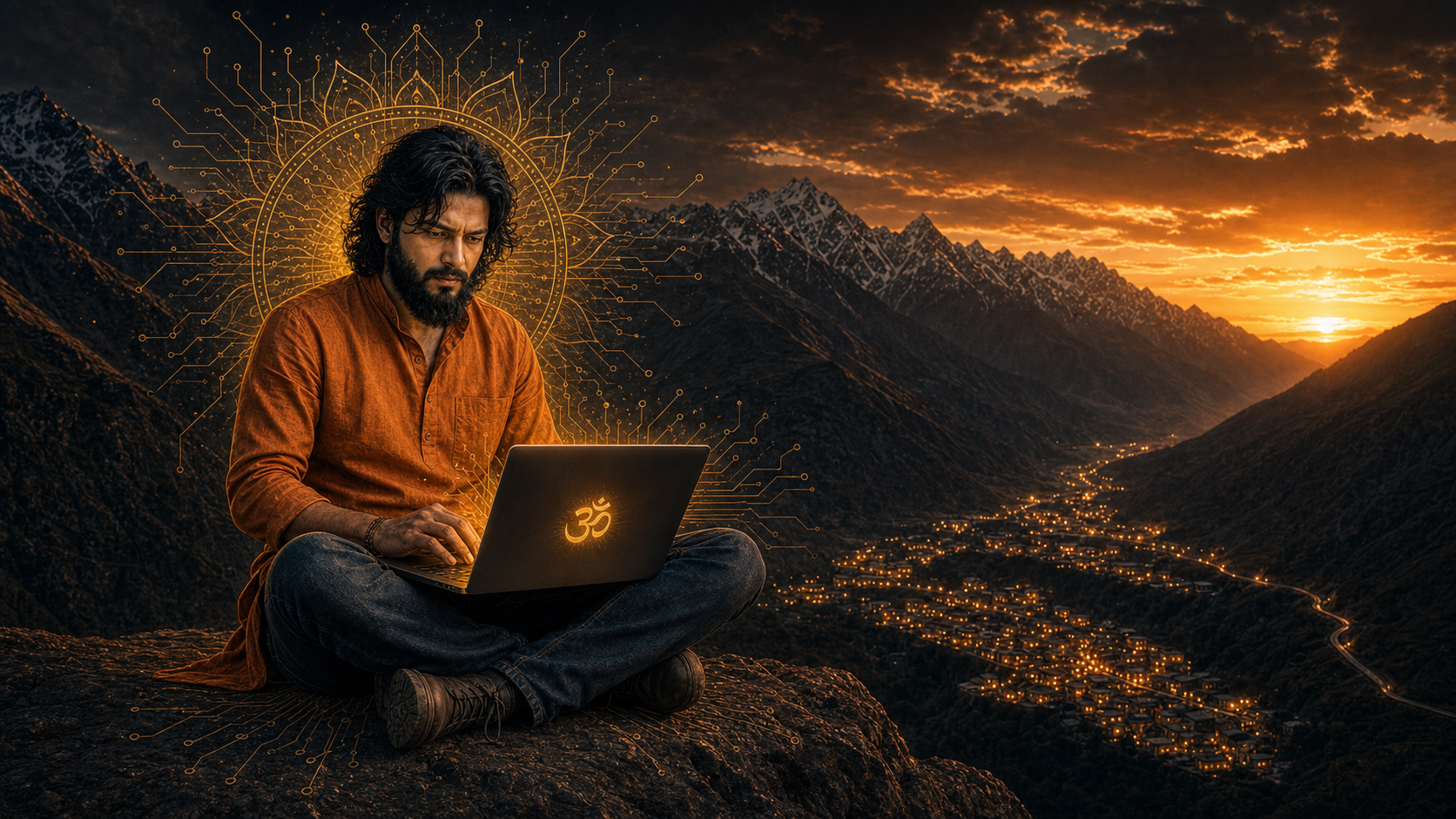 Digital Monk SK — seated in the Himalayas with a glowing Om laptop